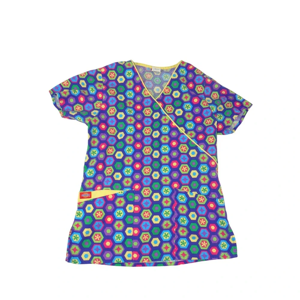 Dickies Womens XS Scrub Top Purple Geometric Hexagon Mock Wrap V-Neck Back Tie
